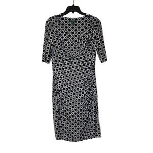 Lauren Ralph Lauren Faux Wrap Midi Dress‎ Black White Geometric 14 Career Empire